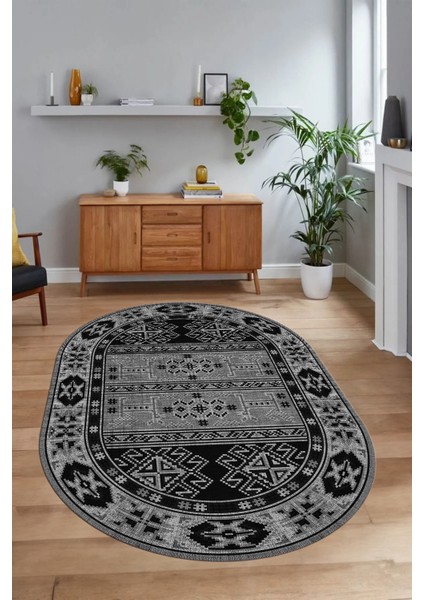Dijital Baskılı Kaymaz Yıkanabilir Etnik Oval Yolluk Mutfak Salon Halısı, N-O-Etnik-11-Antrasit,