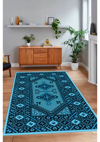 Dijital Baskılı Kaymaz Taban Yıkanabilir Etnik Yolluk Mutfak Salon Halısı, N-Etnik-08-Mavi,