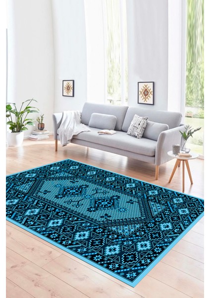 Dijital Baskılı Kaymaz Taban Yıkanabilir Etnik Yolluk Mutfak Salon Halısı, N-Etnik-08-Mavi,