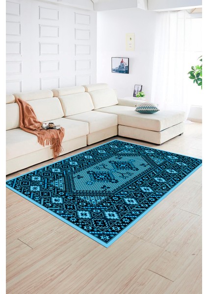 Dijital Baskılı Kaymaz Taban Yıkanabilir Etnik Yolluk Mutfak Salon Halısı, N-Etnik-08-Mavi,