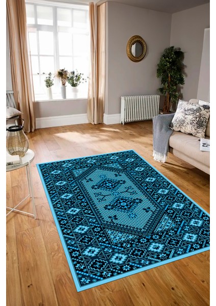 Dijital Baskılı Kaymaz Taban Yıkanabilir Etnik Yolluk Mutfak Salon Halısı, N-Etnik-08-Mavi,