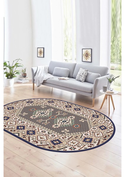 Dijital Baskılı Kaymaz Yıkanabilir Etnik Oval Yolluk Mutfak Salon Halısı, N-O-Etnik-08-Lacevert, fiyatları