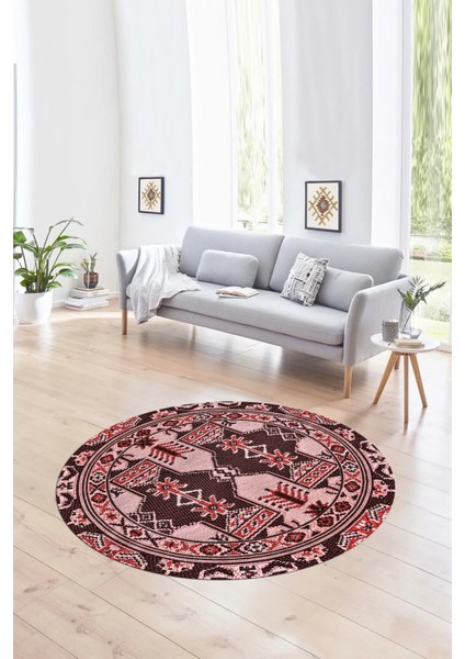 Dijital Baskılı Kaymaz Yıkanabilir Etnik Desen Yuvarlak Mutfak Salon Halısı, N-Y-Etnik-20-Pembe,