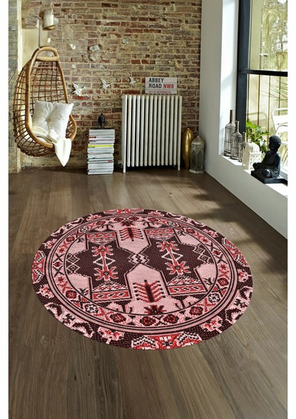 Dijital Baskılı Kaymaz Yıkanabilir Etnik Desen Yuvarlak Mutfak Salon Halısı, N-Y-Etnik-20-Pembe,