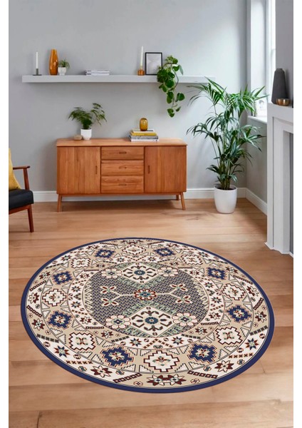 Dijital Baskılı Kaymaz Yıkanabilir Etnik Desen Yuvarlak Mutfak Salon Halısı, N-Y-Etnik-08-Lacevert,