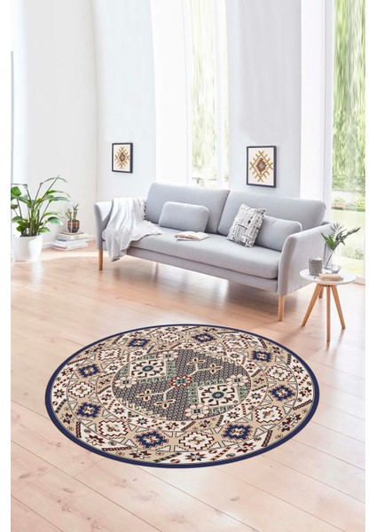 Dijital Baskılı Kaymaz Yıkanabilir Etnik Desen Yuvarlak Mutfak Salon Halısı, N-Y-Etnik-08-Lacevert, fiyatları