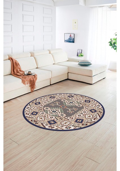 Dijital Baskılı Kaymaz Yıkanabilir Etnik Desen Yuvarlak Mutfak Salon Halısı, N-Y-Etnik-08-Lacevert, modelleri