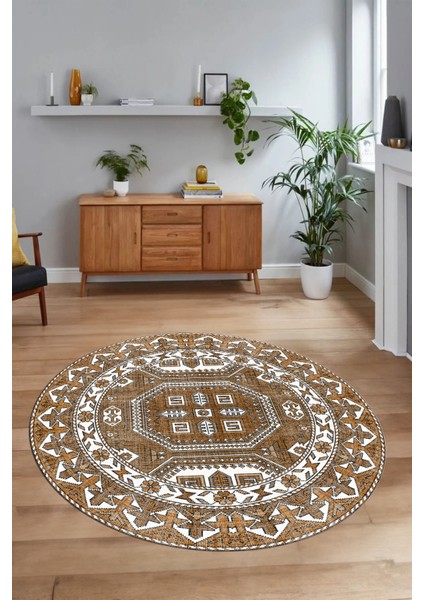 Dijital Baskılı Kaymaz Yıkanabilir Etnik Desen Yuvarlak Mutfak Salon Halısı, N-Y-Etnik-14-Kahve,