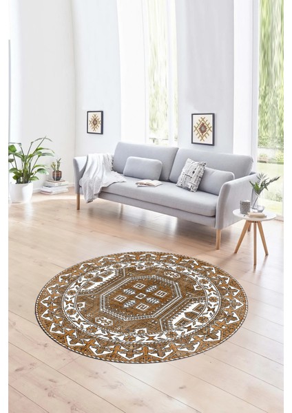 Dijital Baskılı Kaymaz Yıkanabilir Etnik Desen Yuvarlak Mutfak Salon Halısı, N-Y-Etnik-14-Kahve, fiyatları