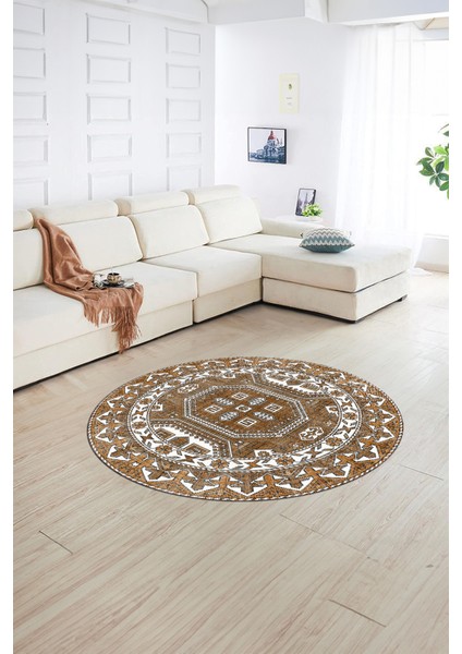 Dijital Baskılı Kaymaz Yıkanabilir Etnik Desen Yuvarlak Mutfak Salon Halısı, N-Y-Etnik-14-Kahve, modelleri