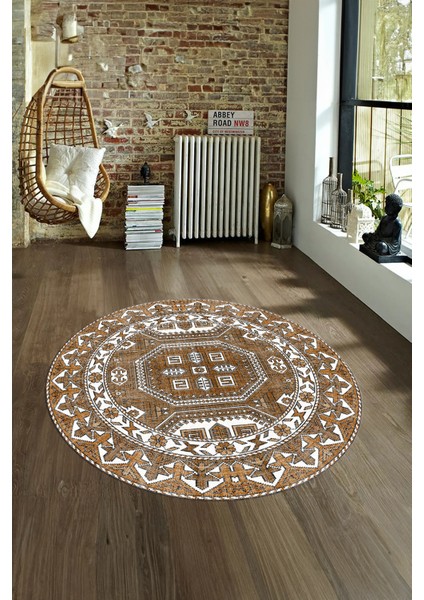 Dijital Baskılı Kaymaz Yıkanabilir Etnik Desen Yuvarlak Mutfak Salon Halısı, N-Y-Etnik-14-Kahve, indirimleri