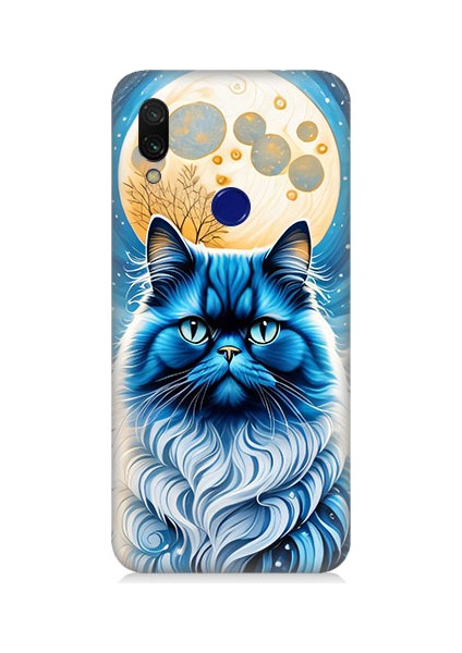 Xiaomi Redmi Note 7 Uyumlu Asil Mavi Kedi ve Ay Desenli Silikon Kılıf