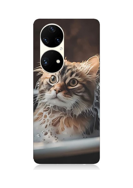 Huawei P50 Pro Uyumlu Banyo Yapan Kedi Desenli Silikon Kılıf