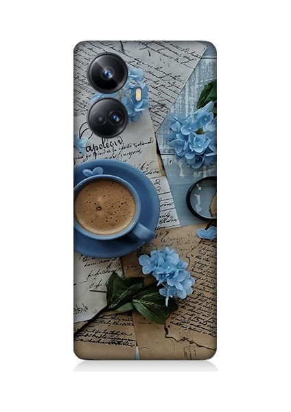 Realme 10 Pro Plus Uyumlu Mavi Çiçekler ve Mektuplar Desenli Silikon Kılıf