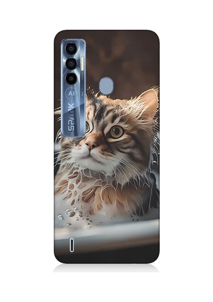 Tecno Spark 7 Pro Uyumlu Banyo Yapan Kedi Desenli Silikon Kılıf