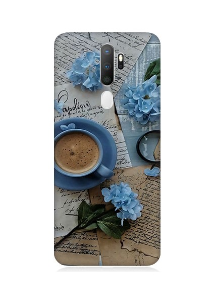 Oppo A9 2020 Uyumlu Mavi Çiçekler ve Mektuplar Desenli Silikon Kılıf