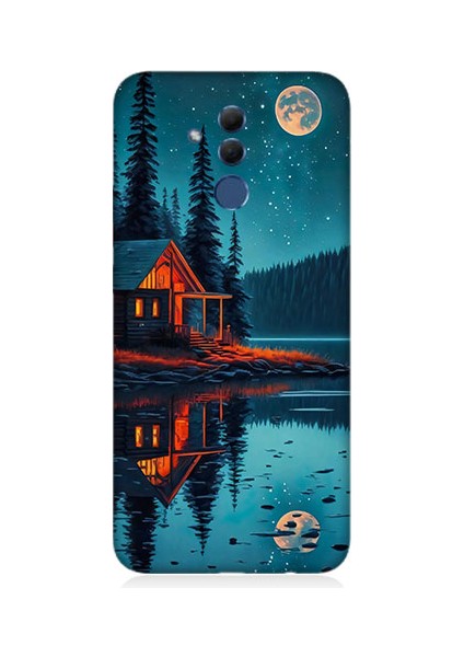 Huawei Mate 20 Lite Uyumlu Ay ve Ahşap Ev Desenli Silikon Kılıf
