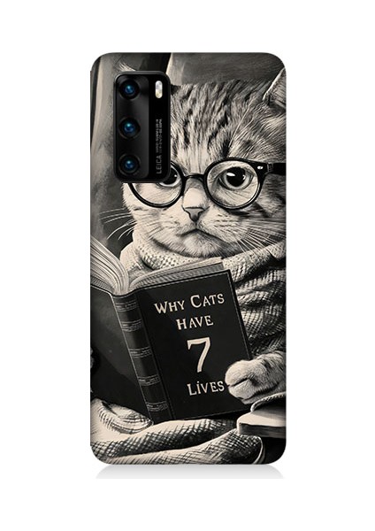 Huawei P40 Uyumlu Kitap Okuyan Kedi Desenli Silikon Kılıf
