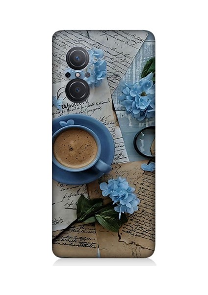 Huawei Nova 9 Se Uyumlu Mavi Çiçekler ve Mektuplar Desenli Silikon Kılıf