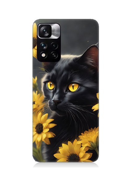 Xiaomi Redmi Note 11 Pro Uyumlu Sarı Çiçekler ve Kara Kedi Desenli Silikon Kılıf