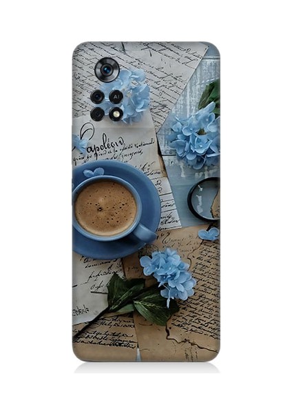 Xiaomi Poco X4 Pro 5g Uyumlu Mavi Çiçekler ve Mektuplar Desenli Silikon Kılıf