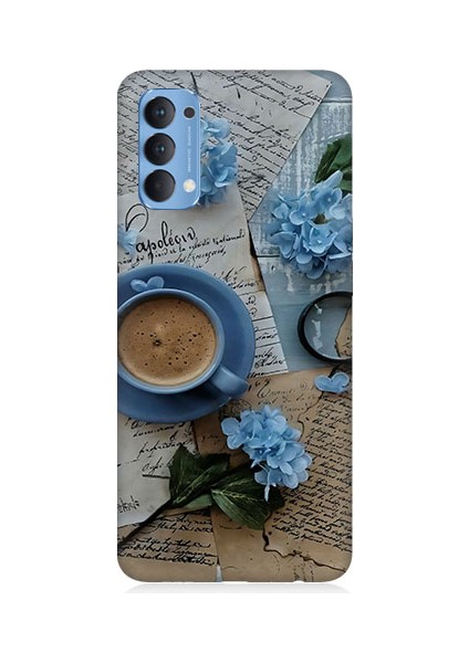 Oppo Reno 4 Uyumlu Mavi Çiçekler ve Mektuplar Desenli Silikon Kılıf