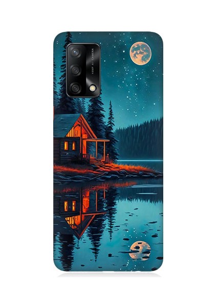 Oppo A74 Uyumlu Ay ve Ahşap Ev Desenli Silikon Kılıf