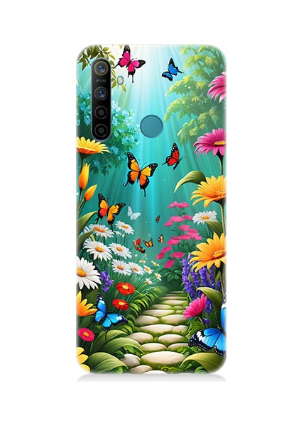 Realme 5i Uyumlu Çiçekler ve Kelebekler Desenli Silikon Kılıf