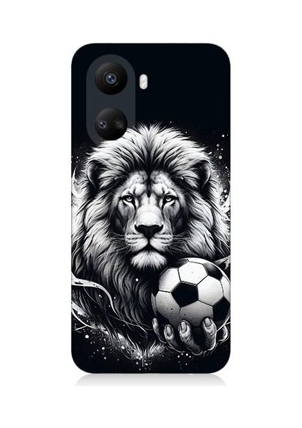 Huawei Nova 10 Se Uyumlu Siyah Beyaz Aslan ve Futbol Topu Desenli Silikon Kılıf