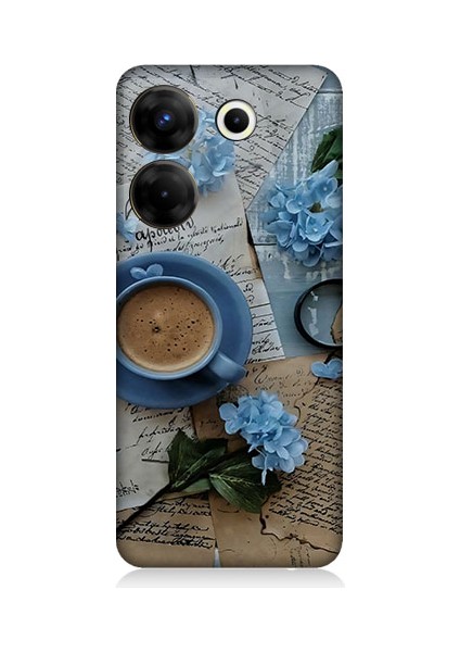 Tecno Camon 20 Pro 4g Uyumlu Mavi Çiçekler ve Mektuplar Desenli Silikon Kılıf