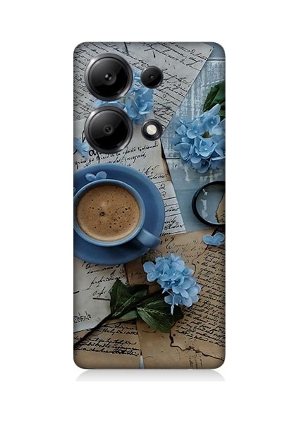 Xiaomi Redmi Note 13 Pro 4g Uyumlu Mavi Çiçekler ve Mektuplar Desenli Silikon Kılıf