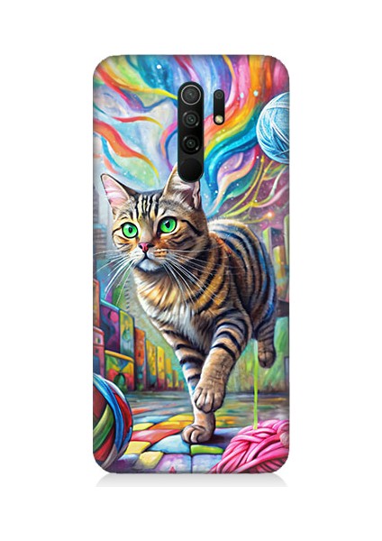 Xiaomi Redmi 9 Uyumlu Renkli Yumaklar ve Kedi Desenli Silikon Kılıf