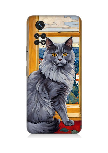 Xiaomi Redmi Note 11 Uyumlu Kül Rengi Tüylü Kedi Desenli Silikon Kılıf
