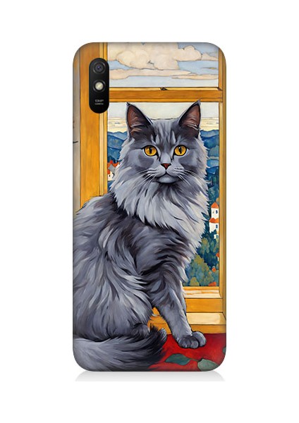 Xiaomi Redmi 9A Uyumlu Kül Rengi Tüylü Kedi Desenli Silikon Kılıf
