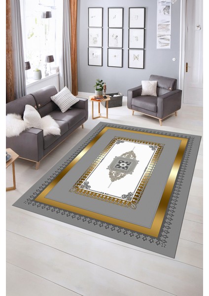 Dijital Baskılı Kaymaz Yıkanabilir Çerçeveli Yolluk Mutfak Salon Halısı, N-Çerçeveli-23-Gold,
