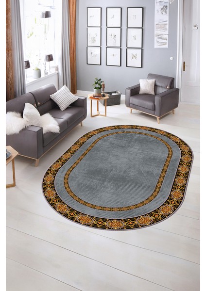 Dijital Kaymaz Yıkanabilir Çerçeveli Oval Yolluk Mutfak Salon Halısı, N-O-Çerçeveli-48-Gri,