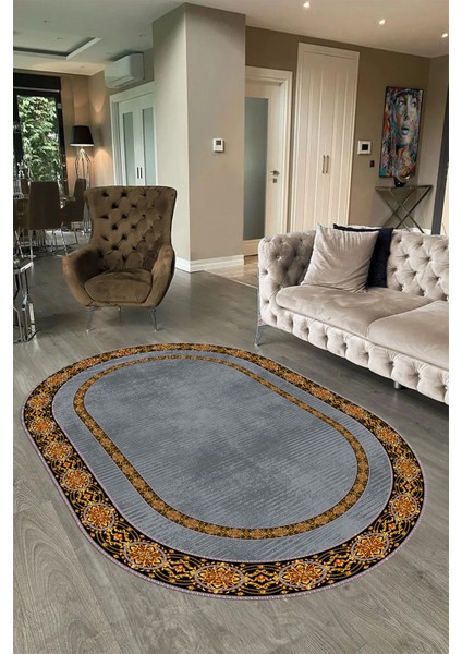 Dijital Kaymaz Yıkanabilir Çerçeveli Oval Yolluk Mutfak Salon Halısı, N-O-Çerçeveli-48-Gri, modelleri