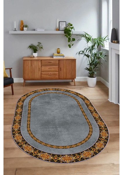 Dijital Kaymaz Yıkanabilir Çerçeveli Oval Yolluk Mutfak Salon Halısı, N-O-Çerçeveli-48-Gri, fırsatları