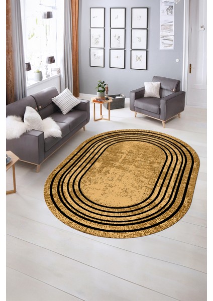 Dijital Kaymaz Yıkanabilir Çerçeveli Oval Yolluk Mutfak Salon Halısı, N-O-Çerçeveli-08-Bej,