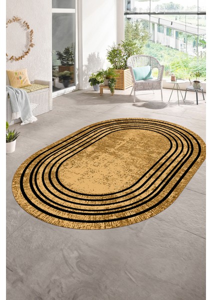 Dijital Kaymaz Yıkanabilir Çerçeveli Oval Yolluk Mutfak Salon Halısı, N-O-Çerçeveli-08-Bej,