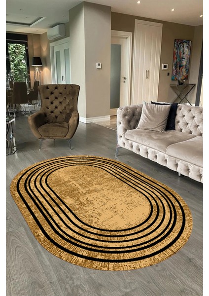 Dijital Kaymaz Yıkanabilir Çerçeveli Oval Yolluk Mutfak Salon Halısı, N-O-Çerçeveli-08-Bej,
