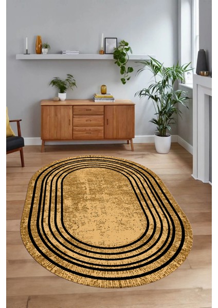 Dijital Kaymaz Yıkanabilir Çerçeveli Oval Yolluk Mutfak Salon Halısı, N-O-Çerçeveli-08-Bej,
