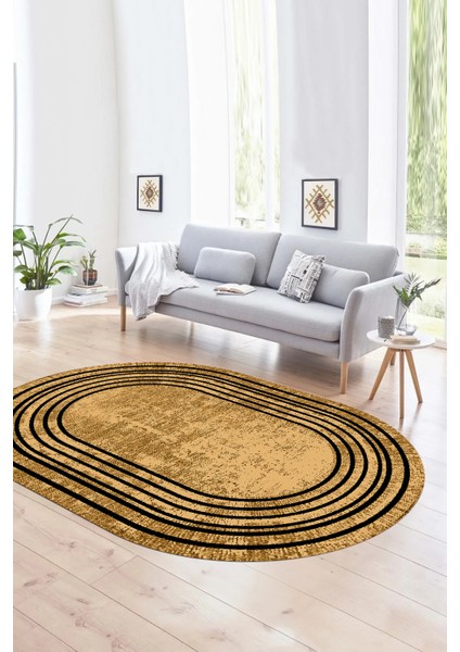 Dijital Kaymaz Yıkanabilir Çerçeveli Oval Yolluk Mutfak Salon Halısı, N-O-Çerçeveli-08-Bej,