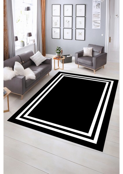 Dijital Baskılı Kaymaz Yıkanabilir Çerçeveli Yolluk Mutfak Salon Halısı, N-Çerçeveli-38-Siyah,