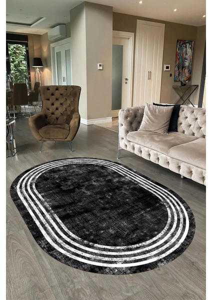 Dijital Kaymaz Yıkanabilir Çerçeveli Oval Yolluk Mutfak Salon Halısı, N-O-Çerçeveli-06-Siyah,