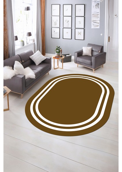 Dijital Kaymaz Yıkanabilir Çerçeveli Oval Yolluk Mutfak Salon Halısı, N-O-Çerçeveli-38-Kahve,