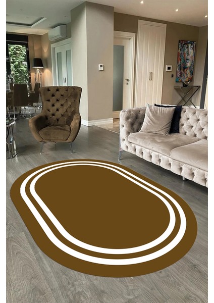 Dijital Kaymaz Yıkanabilir Çerçeveli Oval Yolluk Mutfak Salon Halısı, N-O-Çerçeveli-38-Kahve,