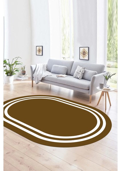 Dijital Kaymaz Yıkanabilir Çerçeveli Oval Yolluk Mutfak Salon Halısı, N-O-Çerçeveli-38-Kahve,