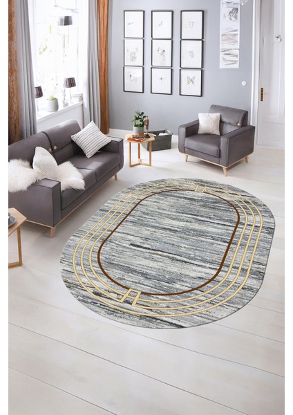 Dijital Kaymaz Yıkanabilir Çerçeveli Oval Yolluk Mutfak Salon Halısı, N-O-Çerçeveli-42-Vizon,