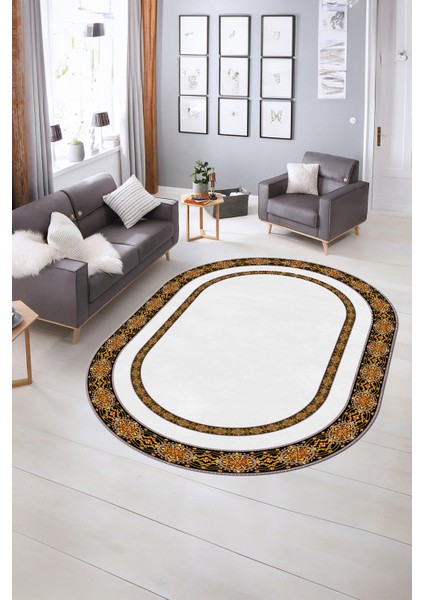 Dijital Kaymaz Yıkanabilir Çerçeveli Oval Yolluk Mutfak Salon Halısı, N-O-Çerçeveli-48-Beyaz,